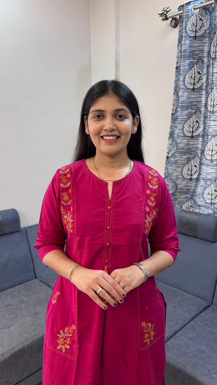 Magenta Meadow Cotton-Rayon Kurta Set with Pocket Embroidery