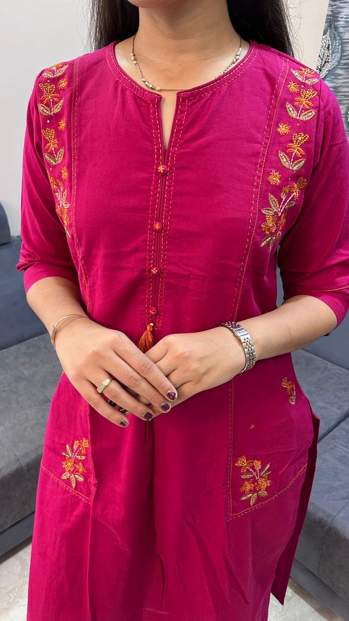 Magenta Meadow Cotton-Rayon Kurta Set with Pocket Embroidery