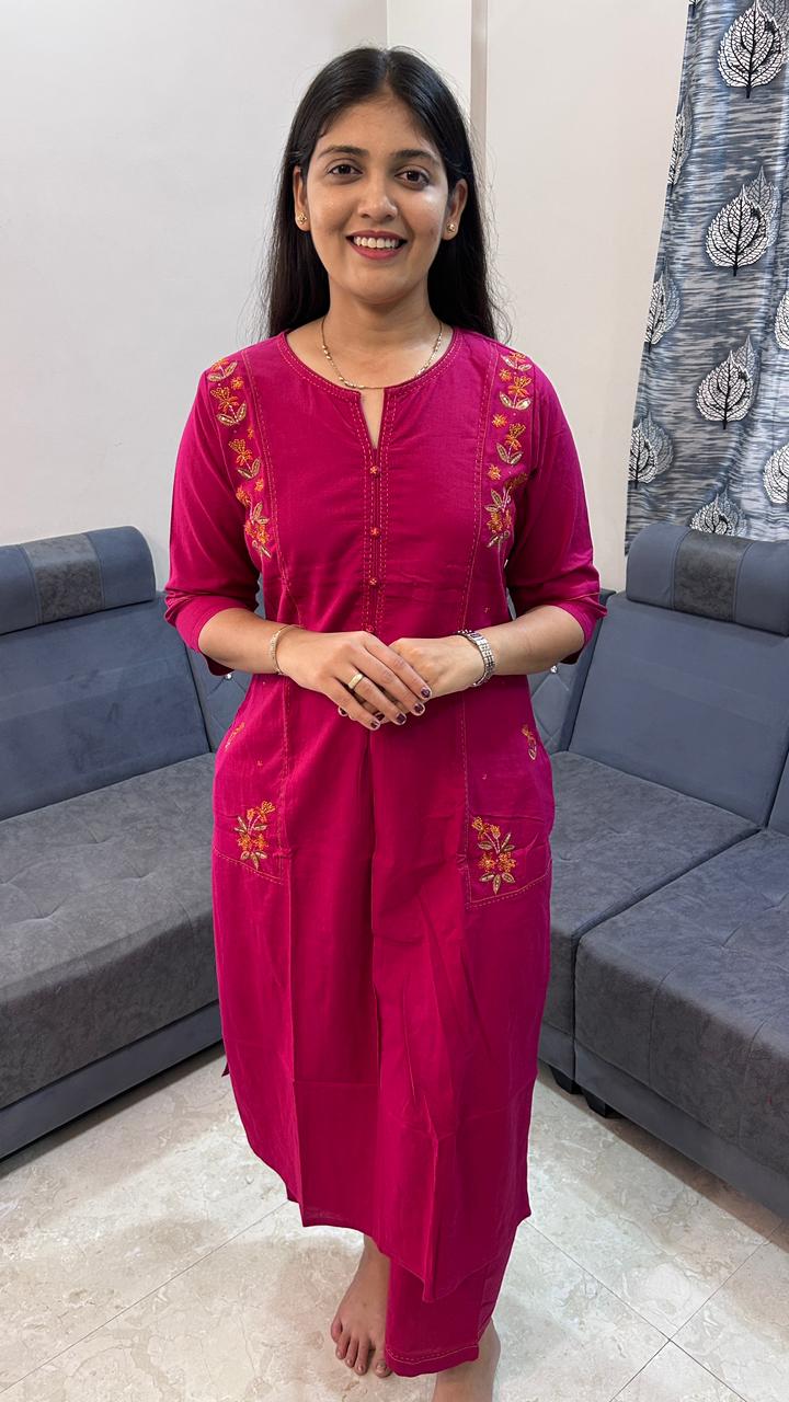 Magenta Meadow Cotton-Rayon Kurta Set with Pocket Embroidery