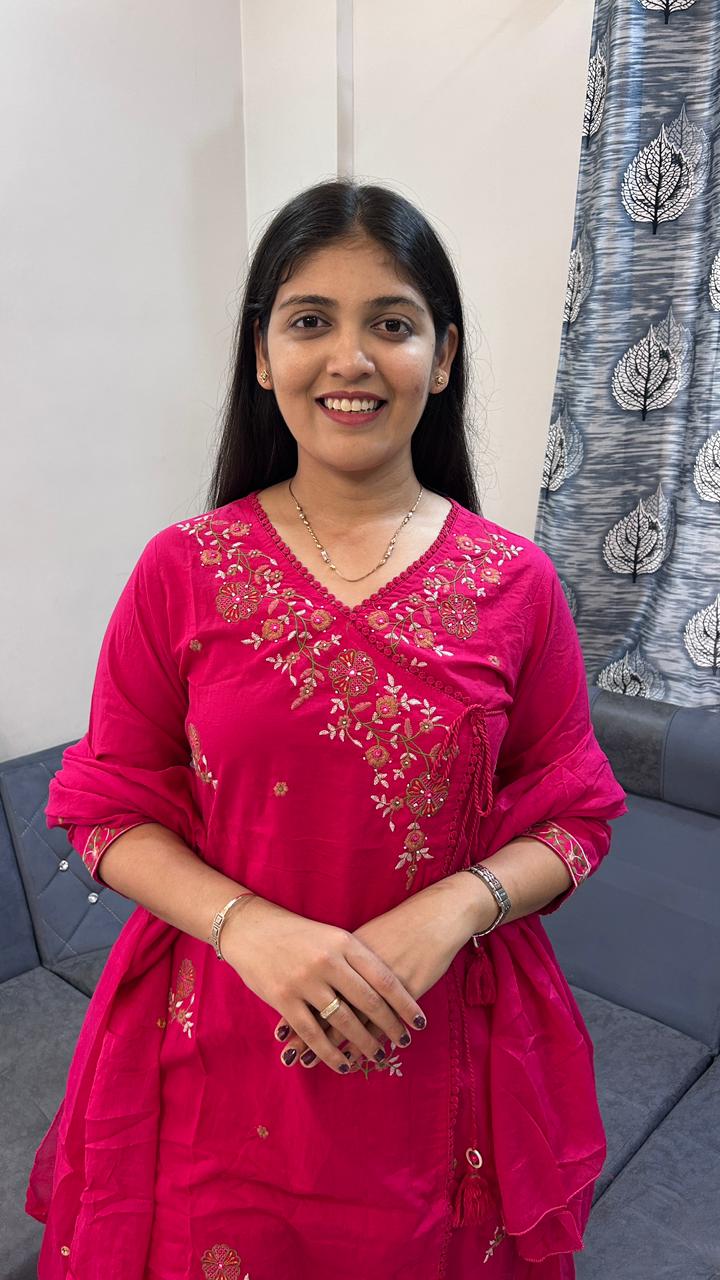 Fuchsia Flare Cotton-Silk Angrakha Set with Zari Detailing