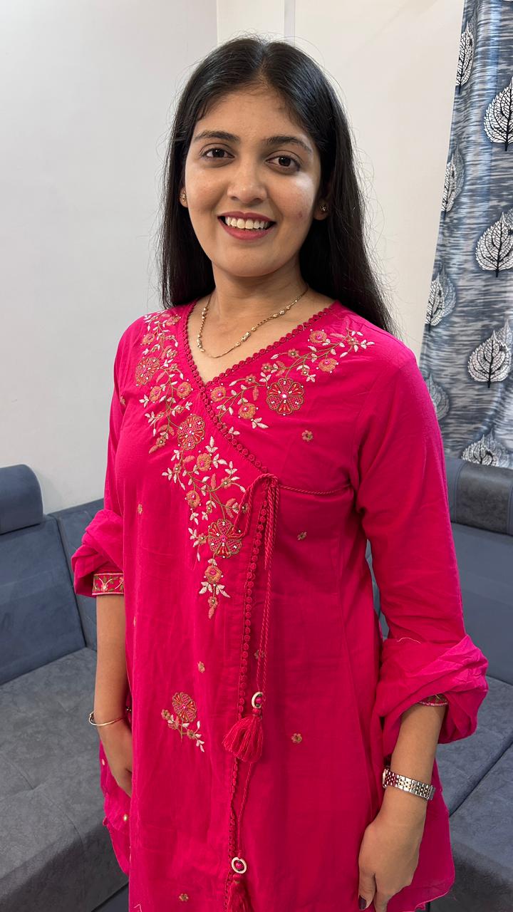 Fuchsia Flare Cotton-Silk Angrakha Set with Zari Detailing