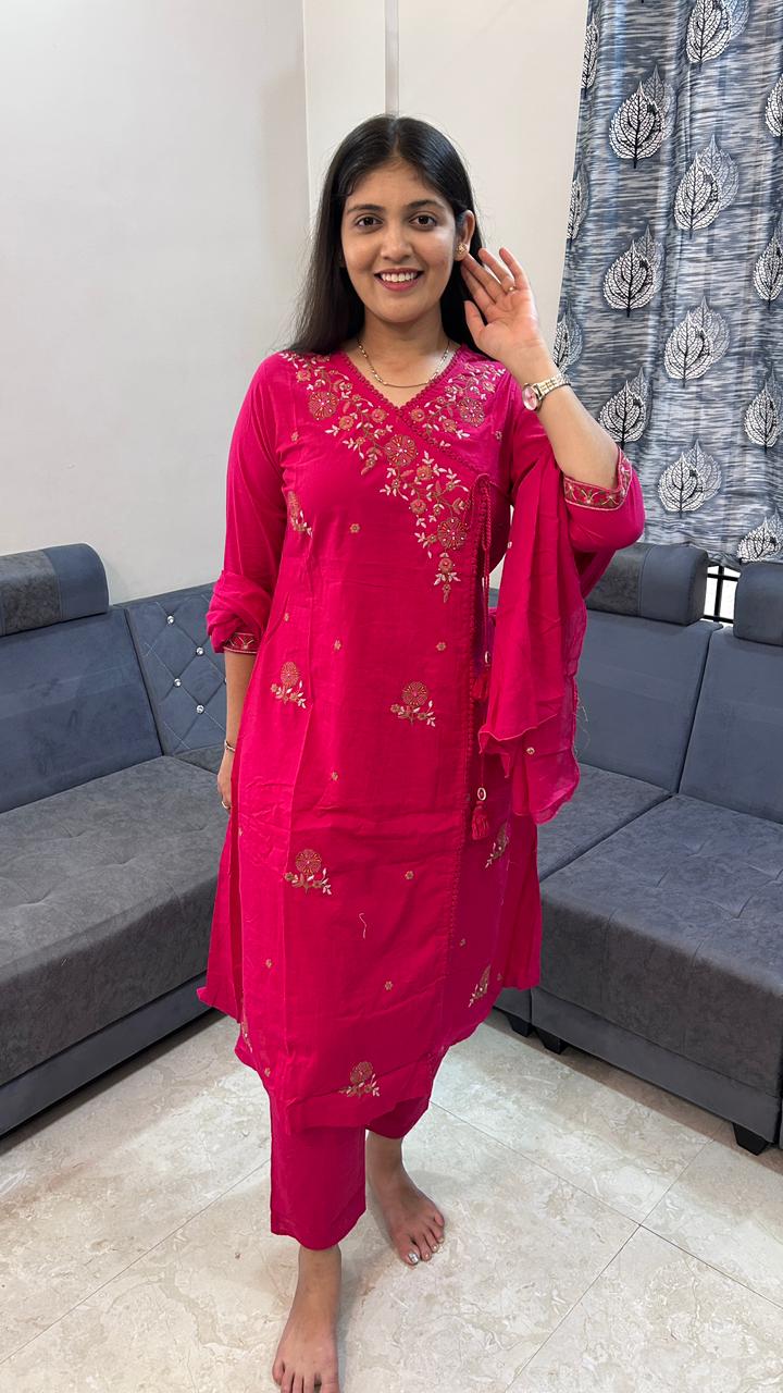 Fuchsia Flare Cotton-Silk Angrakha Set with Zari Detailing
