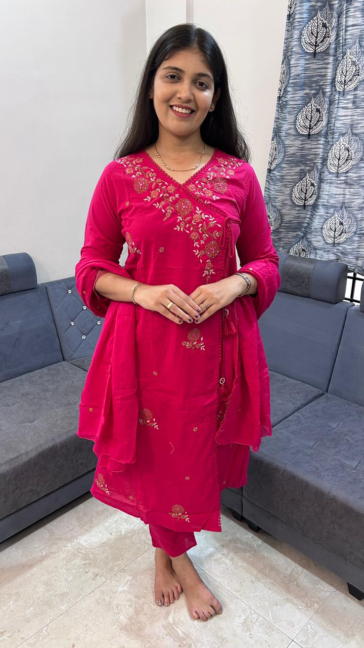 Fuchsia Flare Cotton-Silk Angrakha Set with Zari Detailing