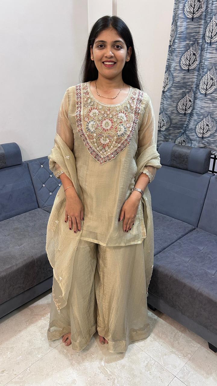 Sage Beige Embroidered Palazzo Suit Set