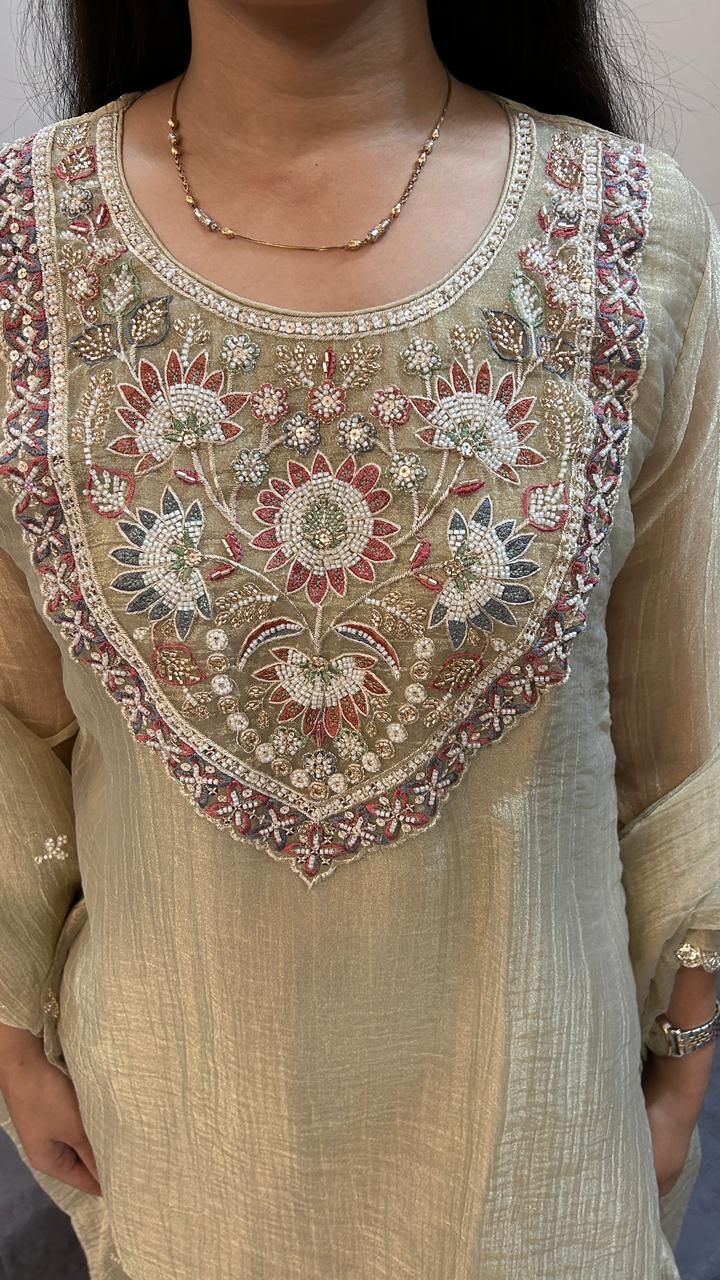 Sage Beige Embroidered Palazzo Suit Set