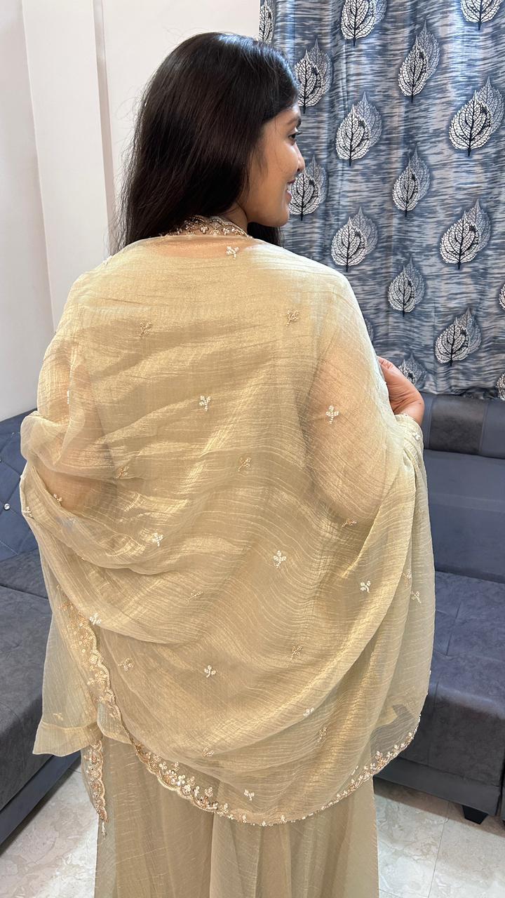 Sage Beige Embroidered Palazzo Suit Set
