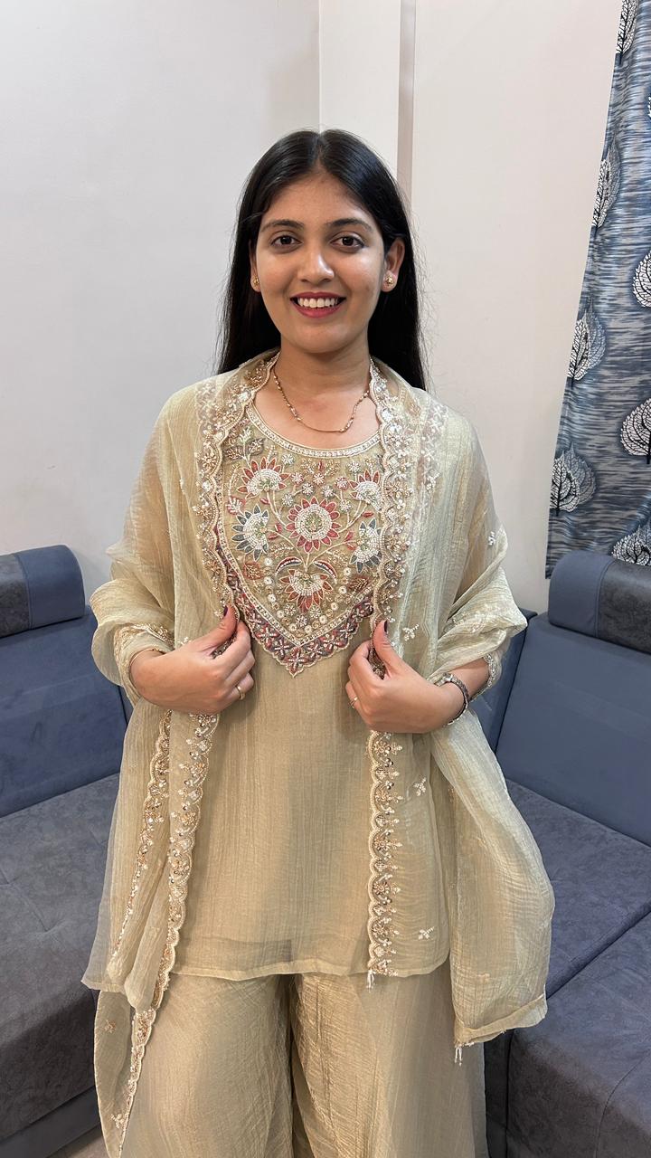 Sage Beige Embroidered Palazzo Suit Set