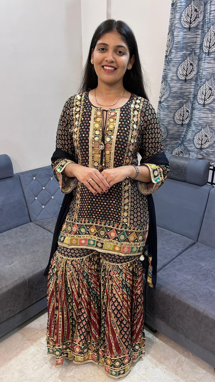 Midnight Mirror Work Sharara Set