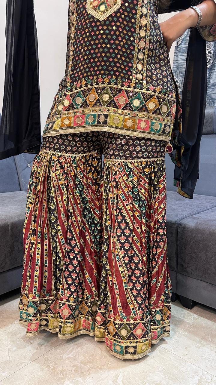 Midnight Mirror Work Sharara Set