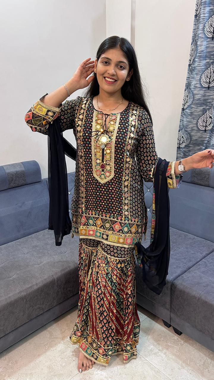 Midnight Mirror Work Sharara Set