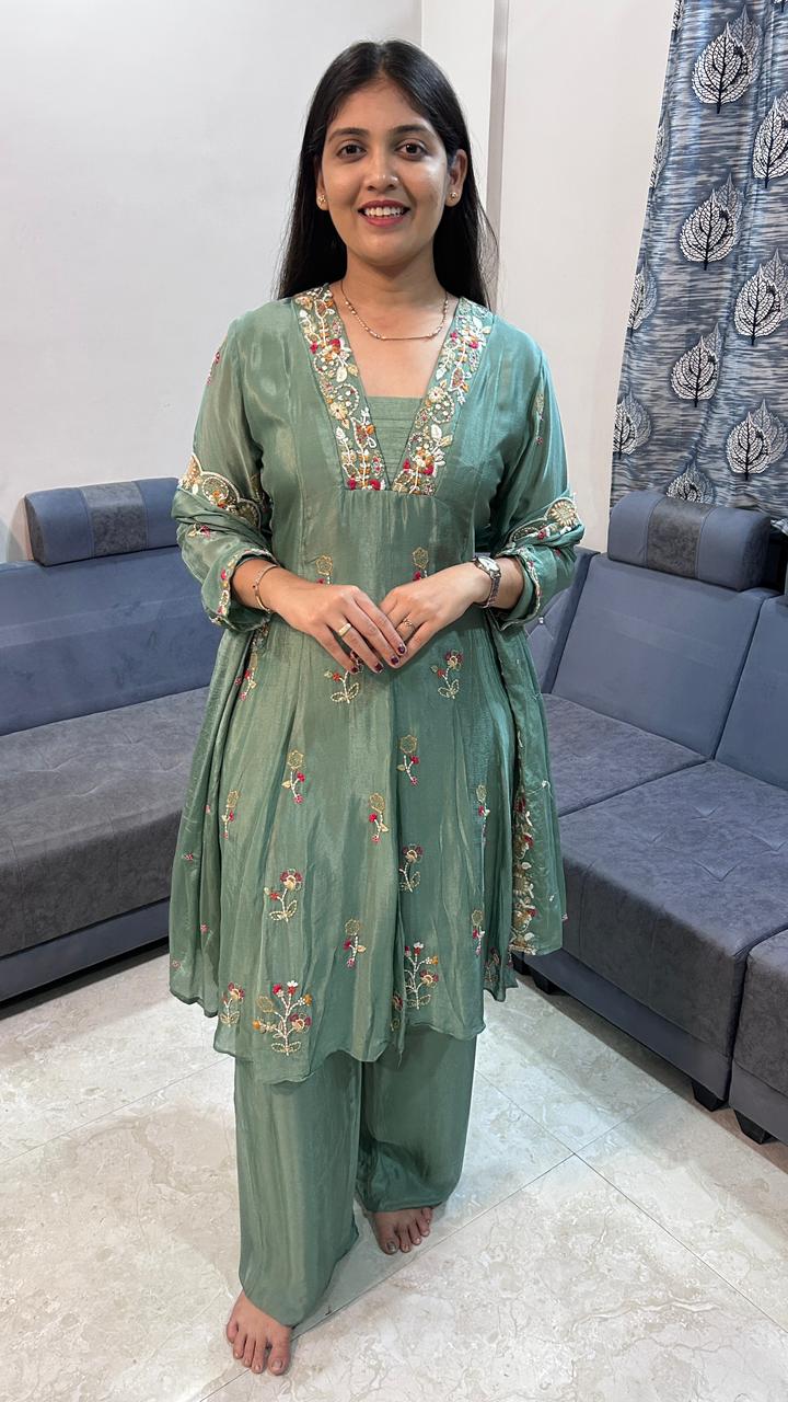 Sage Elegance Embroidered Kurta & Palazzo Set