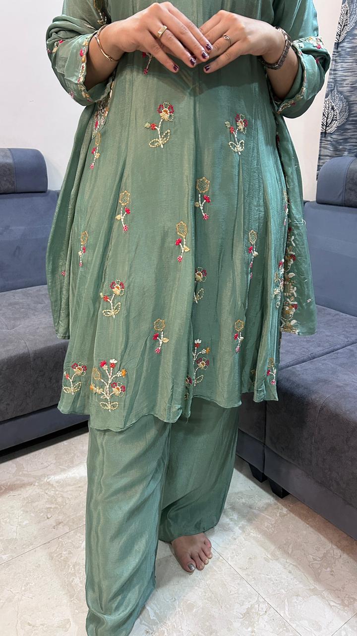 Sage Elegance Embroidered Kurta & Palazzo Set