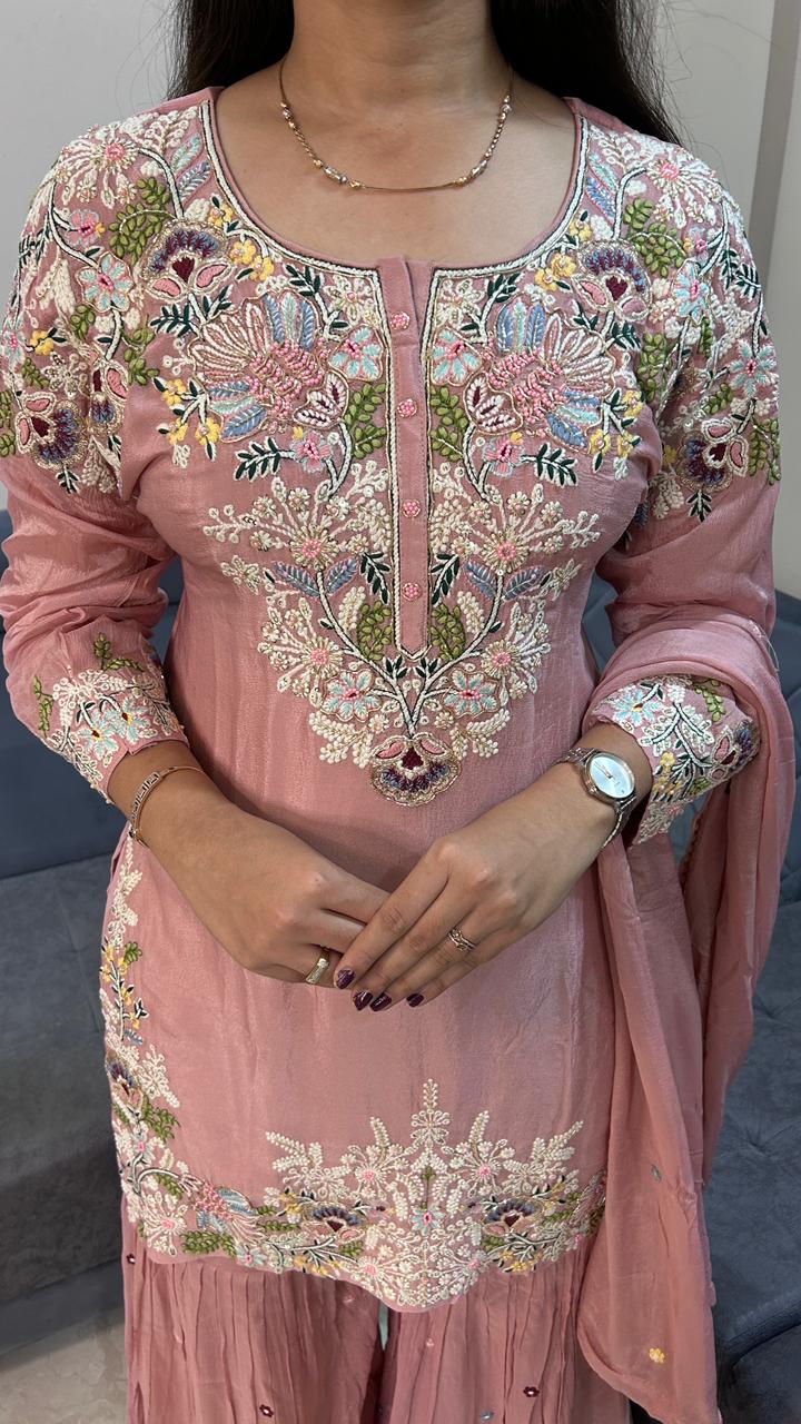 Dusty Mauve Floral Embroidered Sharara Set