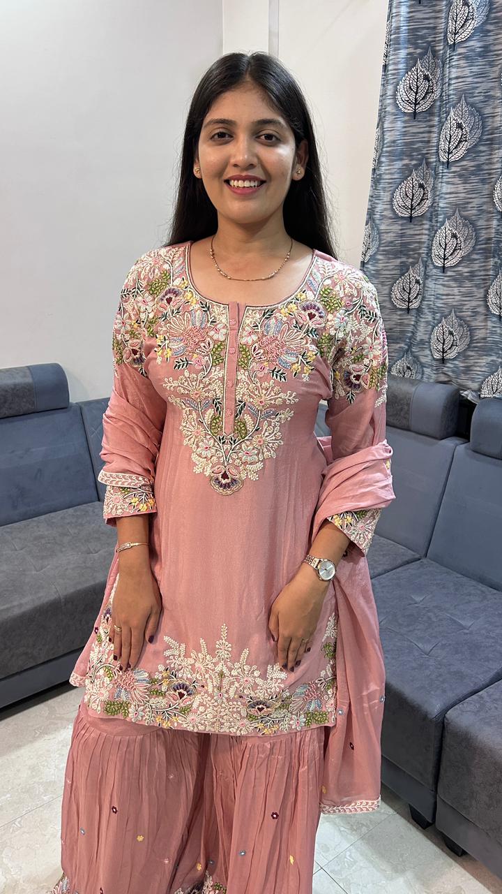 Dusty Mauve Floral Embroidered Sharara Set