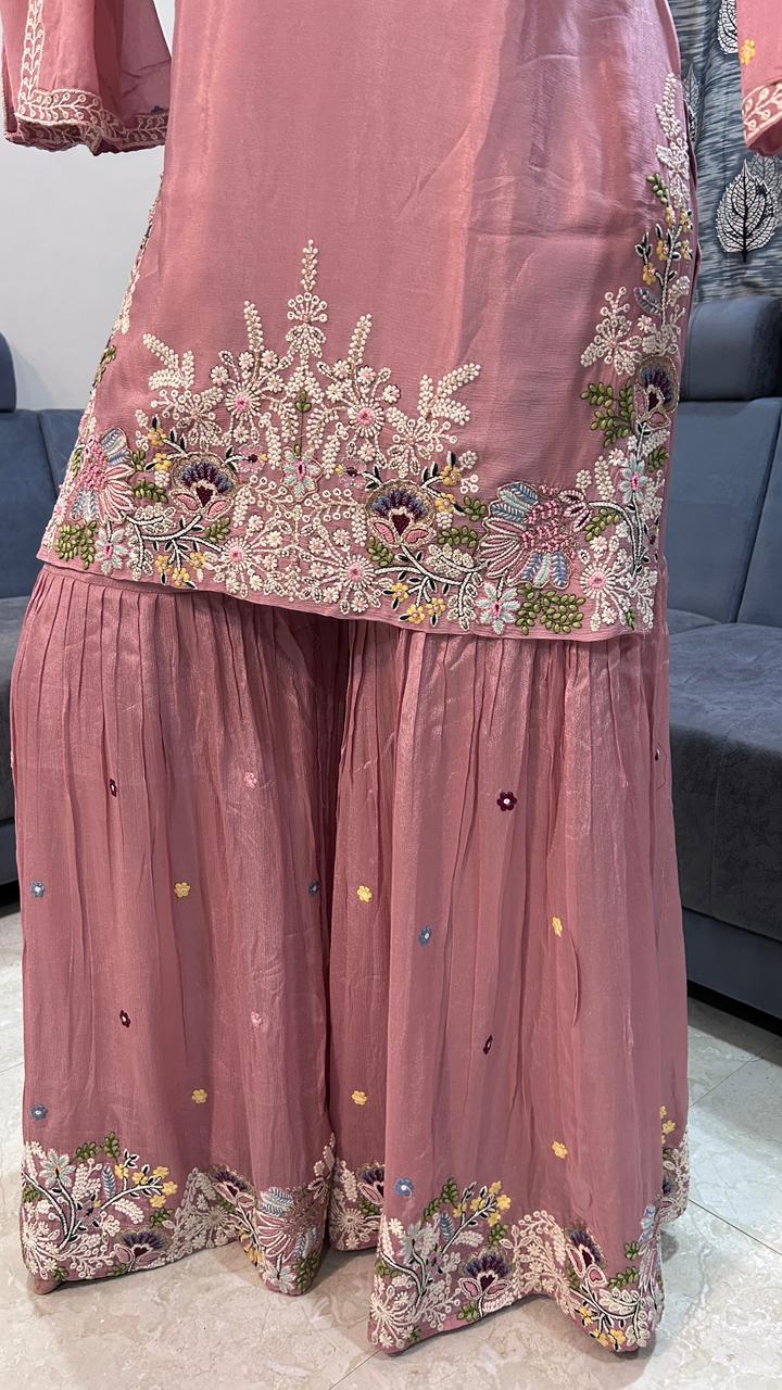 Dusty Mauve Floral Embroidered Sharara Set