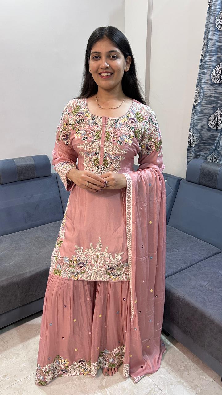 Dusty Mauve Floral Embroidered Sharara Set