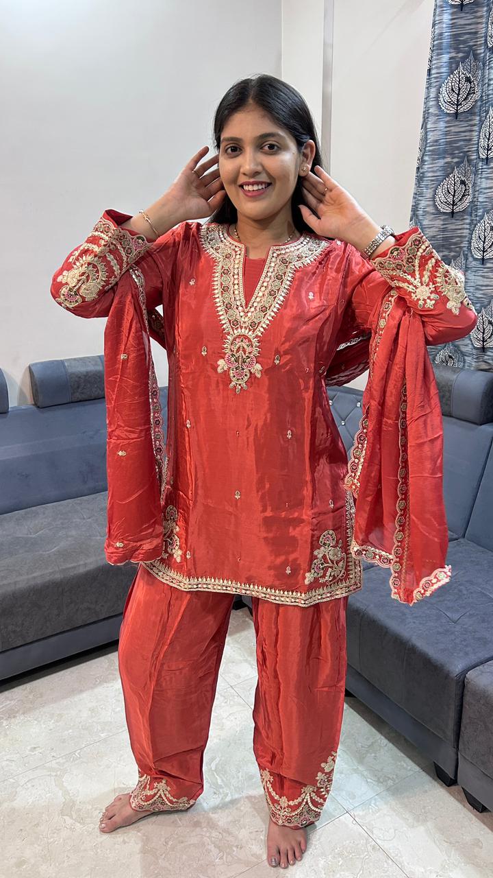 Rust Crimson Embroidered Punjabi Salwar Set