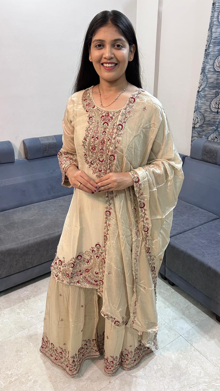Champagne Gold Royal Embroidered Sharara Set