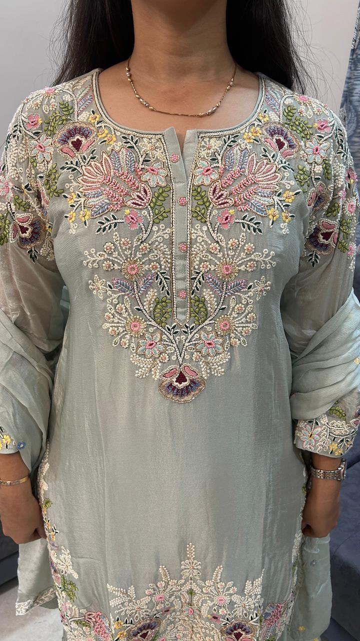 Sage Green Floral Embroidered Sharara Set