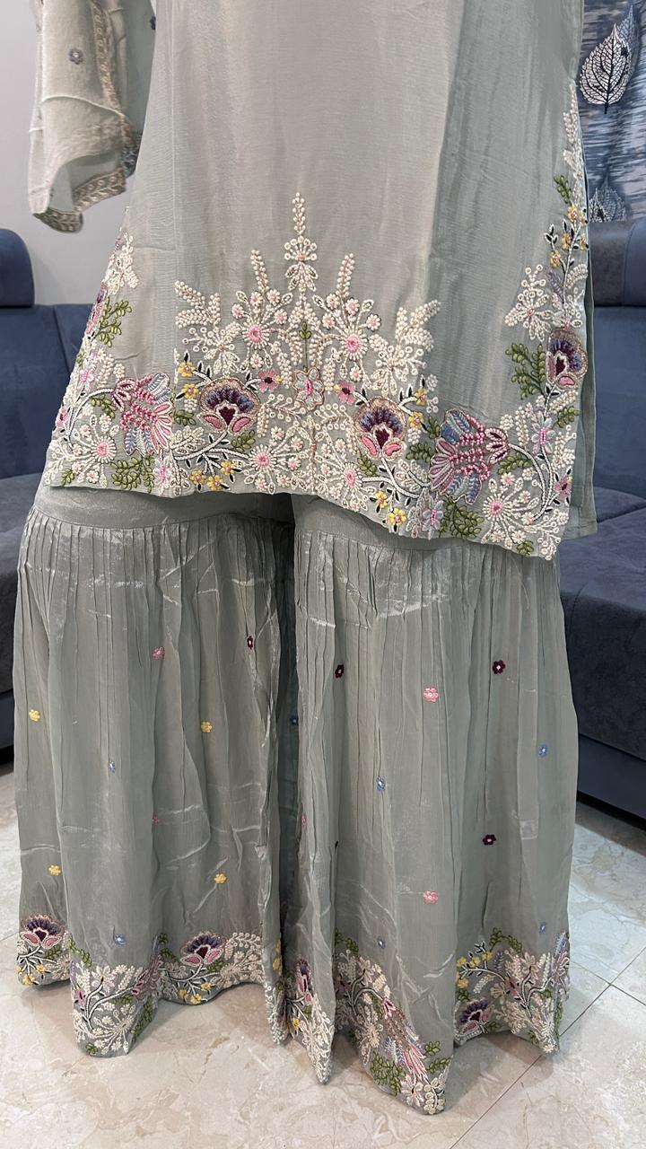 Sage Green Floral Embroidered Sharara Set