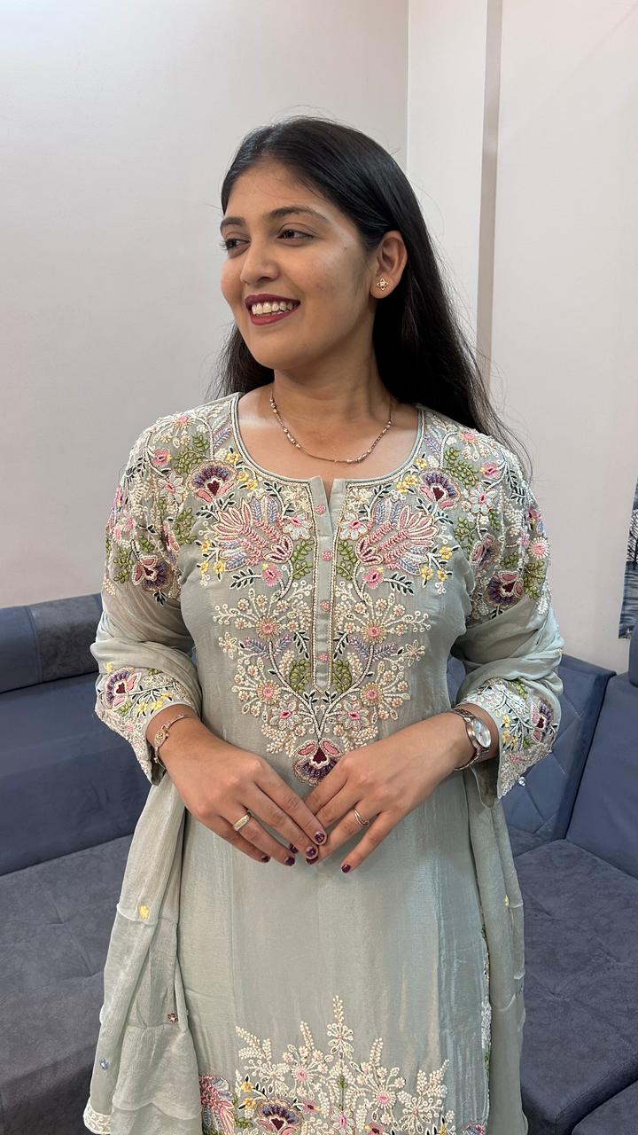 Sage Green Floral Embroidered Sharara Set