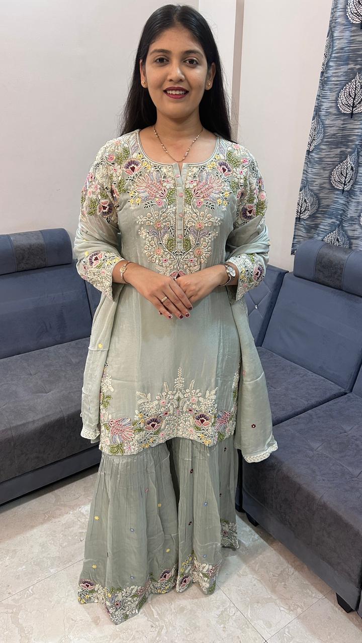 Sage Green Floral Embroidered Sharara Set