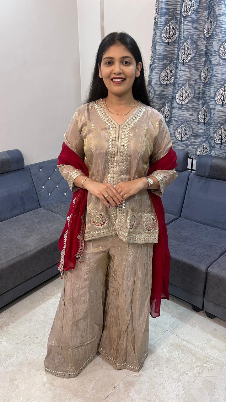Beige Embroidered Palazzo Suit Set