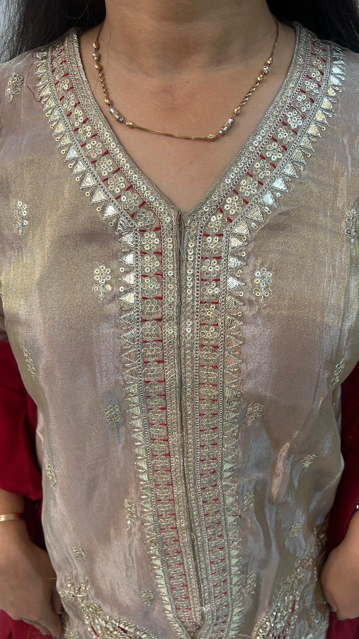 Beige Embroidered Palazzo Suit Set
