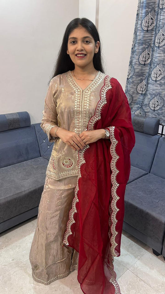 Beige Embroidered Palazzo Suit Set