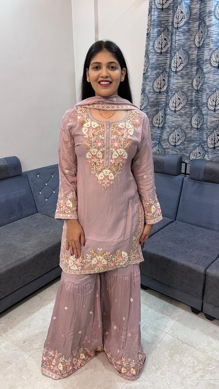 Dusty Rose Georgette Gharara Suit with Floral Resham Embroidery