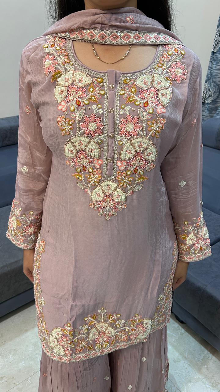 Dusty Rose Georgette Gharara Suit with Floral Resham Embroidery