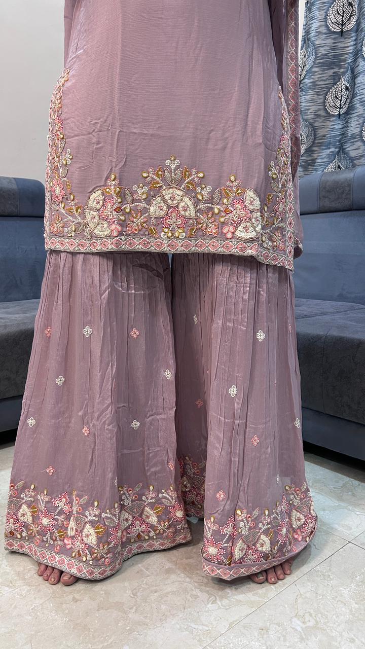 Dusty Rose Georgette Gharara Suit with Floral Resham Embroidery