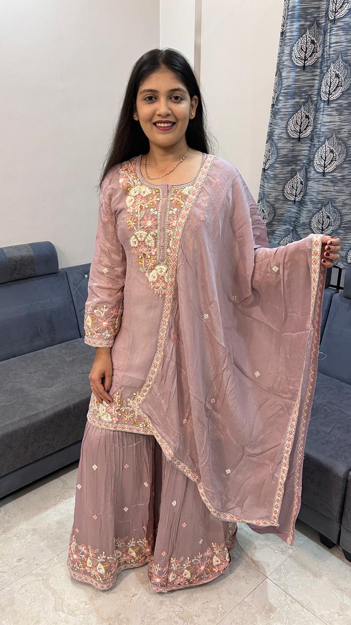 Dusty Rose Georgette Gharara Suit with Floral Resham Embroidery
