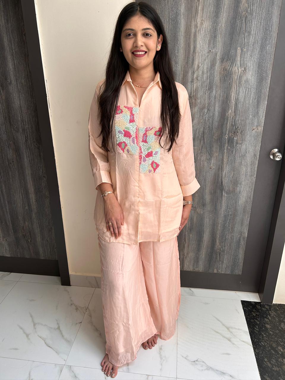 Pastel Mosaic Hand-Embroidered Organza Co-Ord Set – Peach