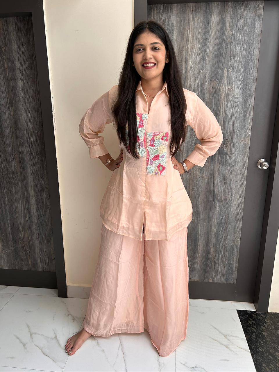 Pastel Mosaic Hand-Embroidered Organza Co-Ord Set – Peach