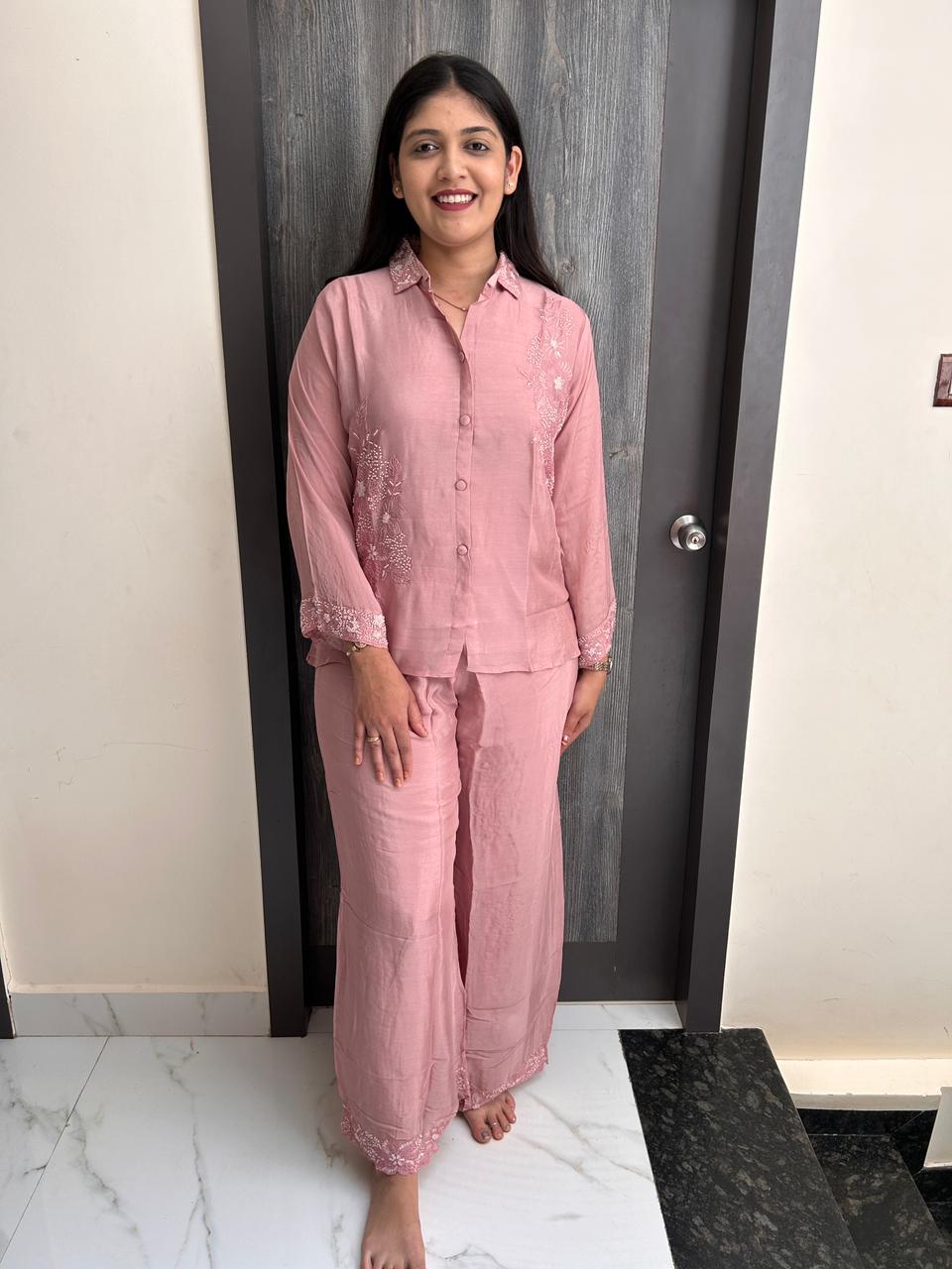Rose Vine Hand-Embroidered Chanderi Co-Ord Set – Dusty Pink