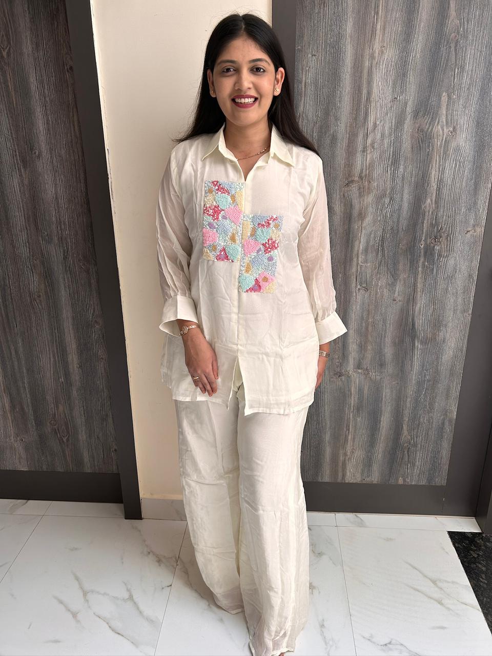 Pastel Mosaic Hand-Embroidered Organza Co-Ord Set – Ivory