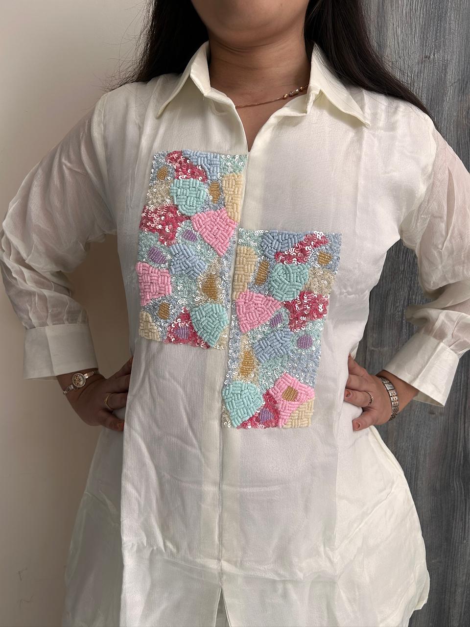 Pastel Mosaic Hand-Embroidered Organza Co-Ord Set – Ivory