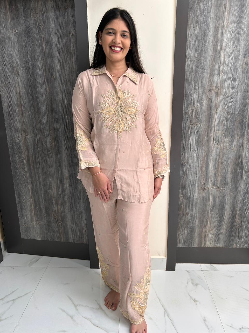 Hand-Embroidered Silk Co-Ord Set – Blush Pink