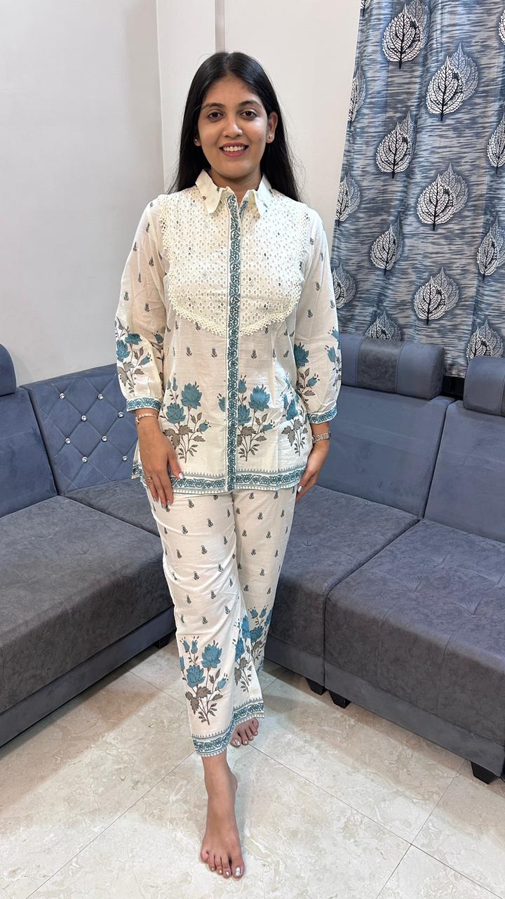 Ivory &amp; Teal Floral Printed Cotton Co-Ord Set with Chikankari Patchwork