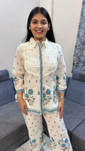 Ivory &amp; Teal Floral Printed Cotton Co-Ord Set with Chikankari Patchwork
