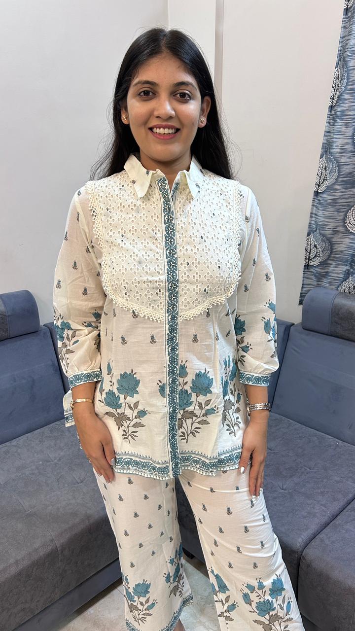 Ivory &amp; Teal Floral Printed Cotton Co-Ord Set with Chikankari Patchwork