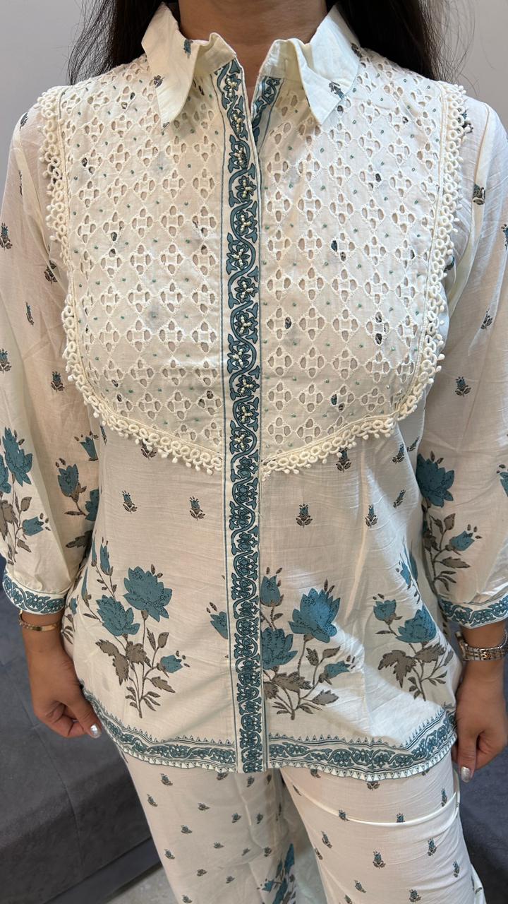 Ivory &amp; Teal Floral Printed Cotton Co-Ord Set with Chikankari Patchwork