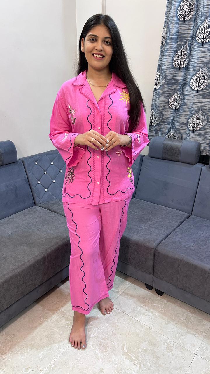 Pink Hand-Embroidered Scallop Co-Ord Set