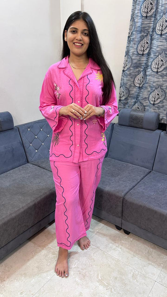Pink Hand-Embroidered Scallop Co-Ord Set