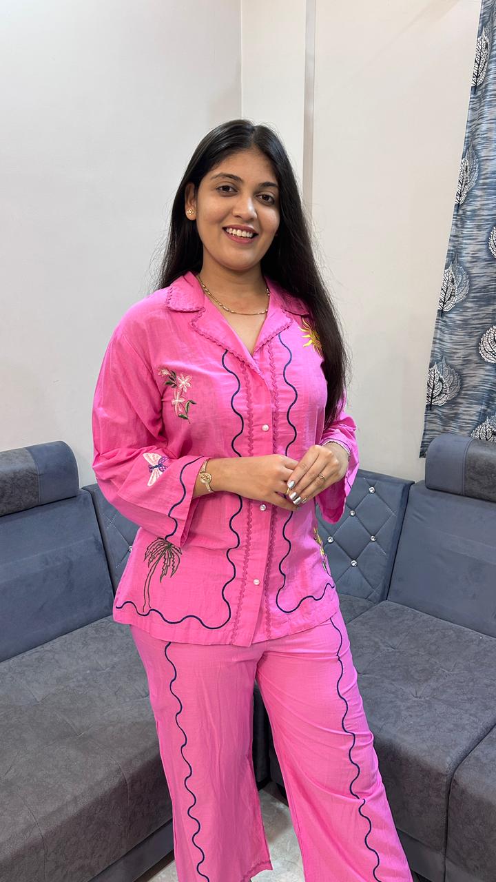 Pink Hand-Embroidered Scallop Co-Ord Set