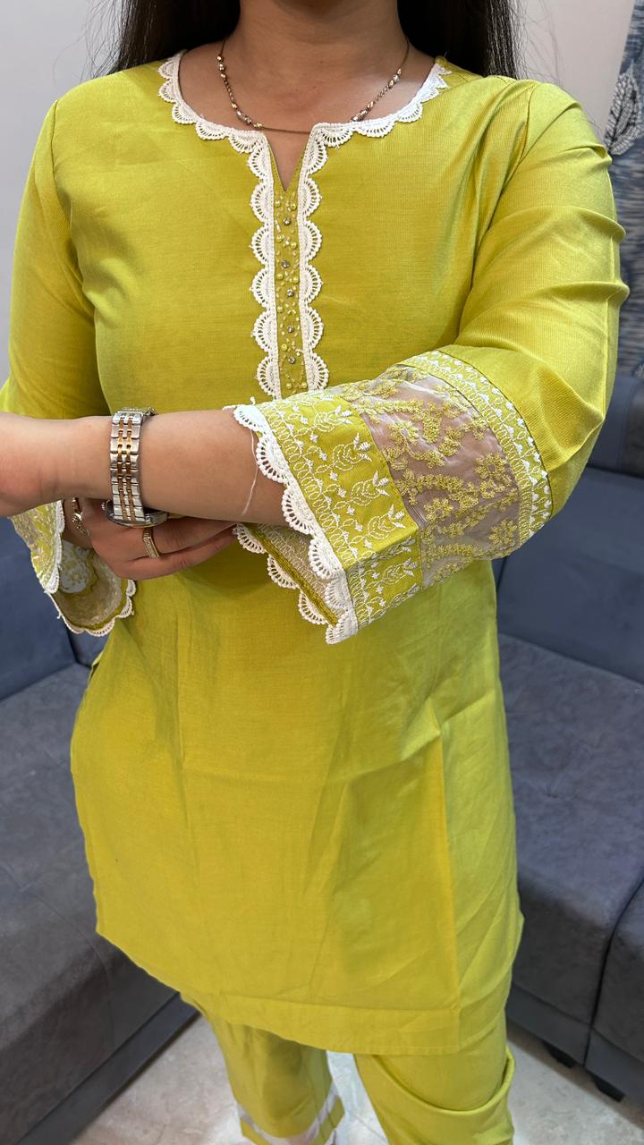 Lime Green Silk Co-Ord Set with Organza &amp; Lace Accents