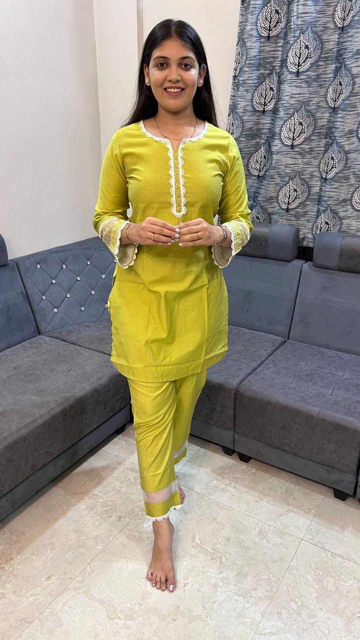 Lime Green Silk Co-Ord Set with Organza &amp; Lace Accents