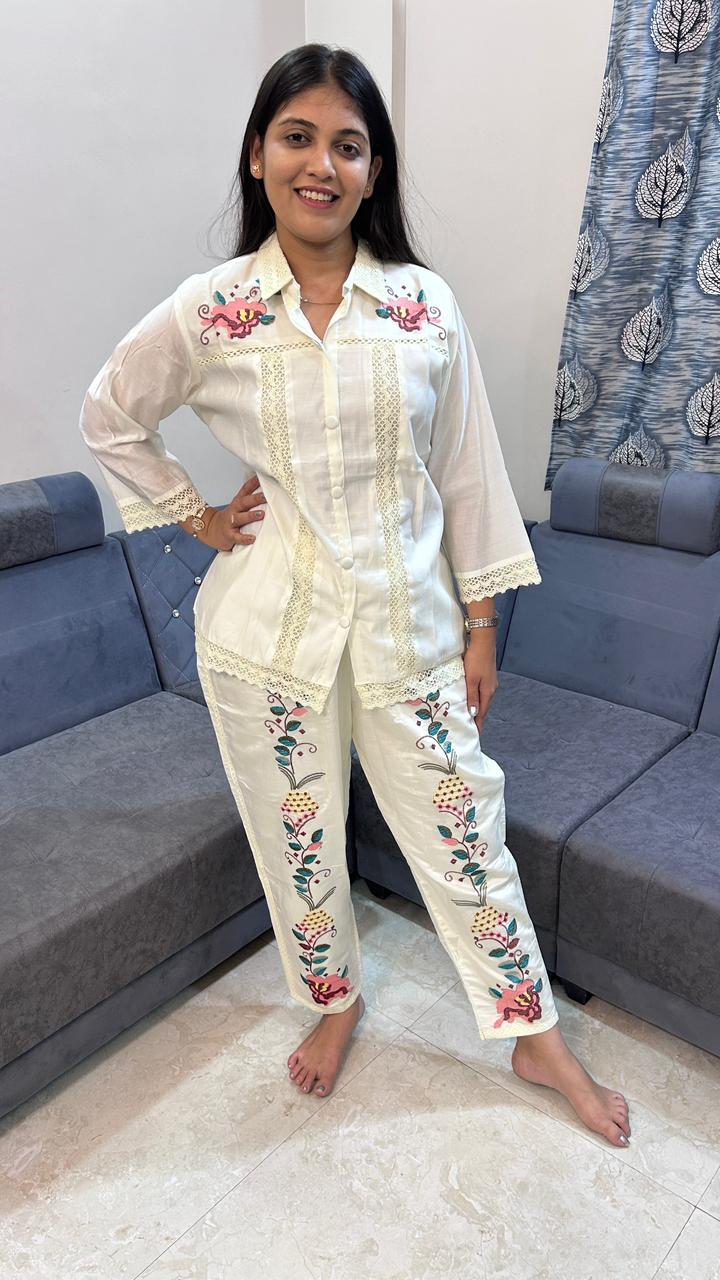 Ivory Cotton-Linen Co-Ord Set with Vibrant Floral AppliquE