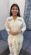 Ivory Cotton-Linen Co-Ord Set with Vibrant Floral AppliquE